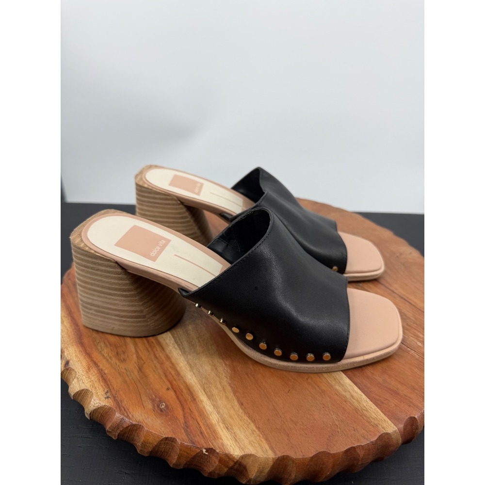 Dolce Vita amino Slide Sandals Women 7.5 Black Studded Leather Block Heel Mules